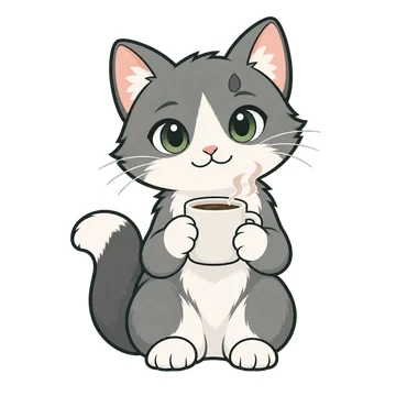 커피 한 잔! 감정을 표현하는 회색과 흰색 ClipMate 고양이